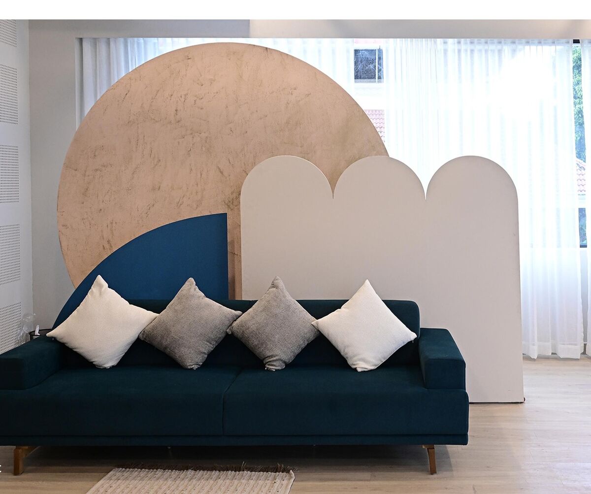 Blue sofa editorial setup at Veedo Lumen studio Kochi