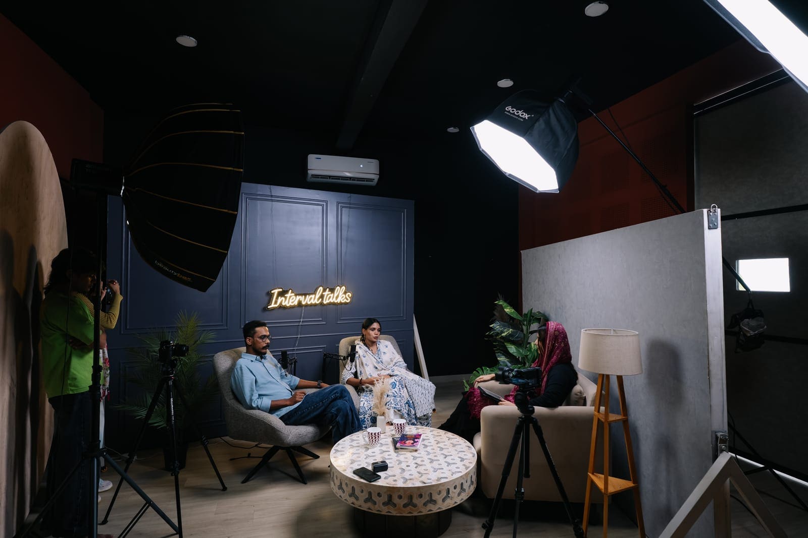 Behind the scenes of a podcast recording setup on Veedo Noir in Kochi